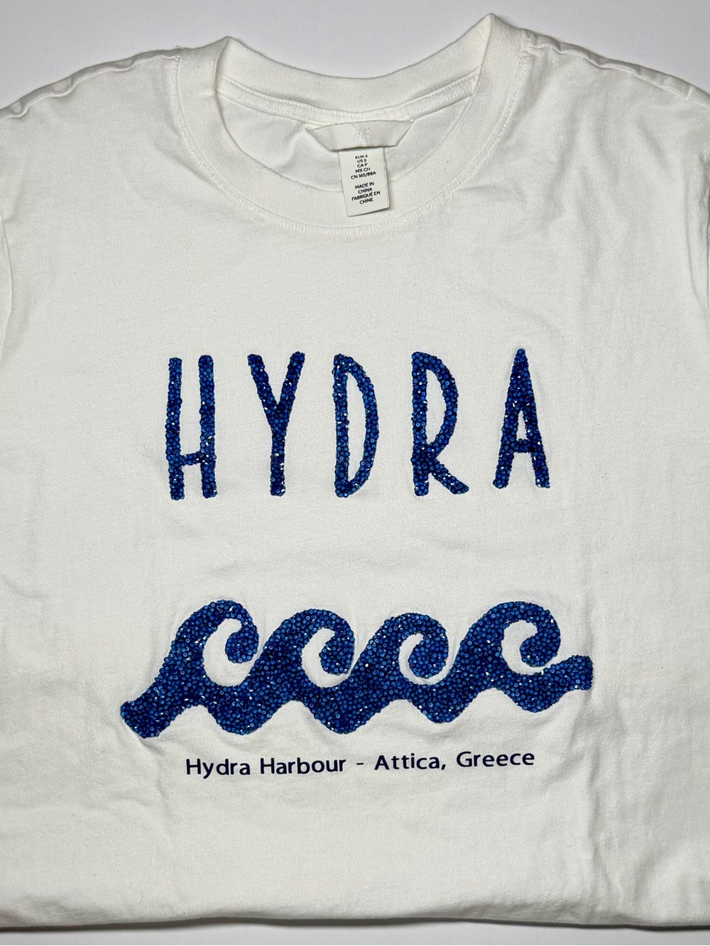 H&M Hydra Harbour Greece Embellished T‑Shirt White Blue Size S